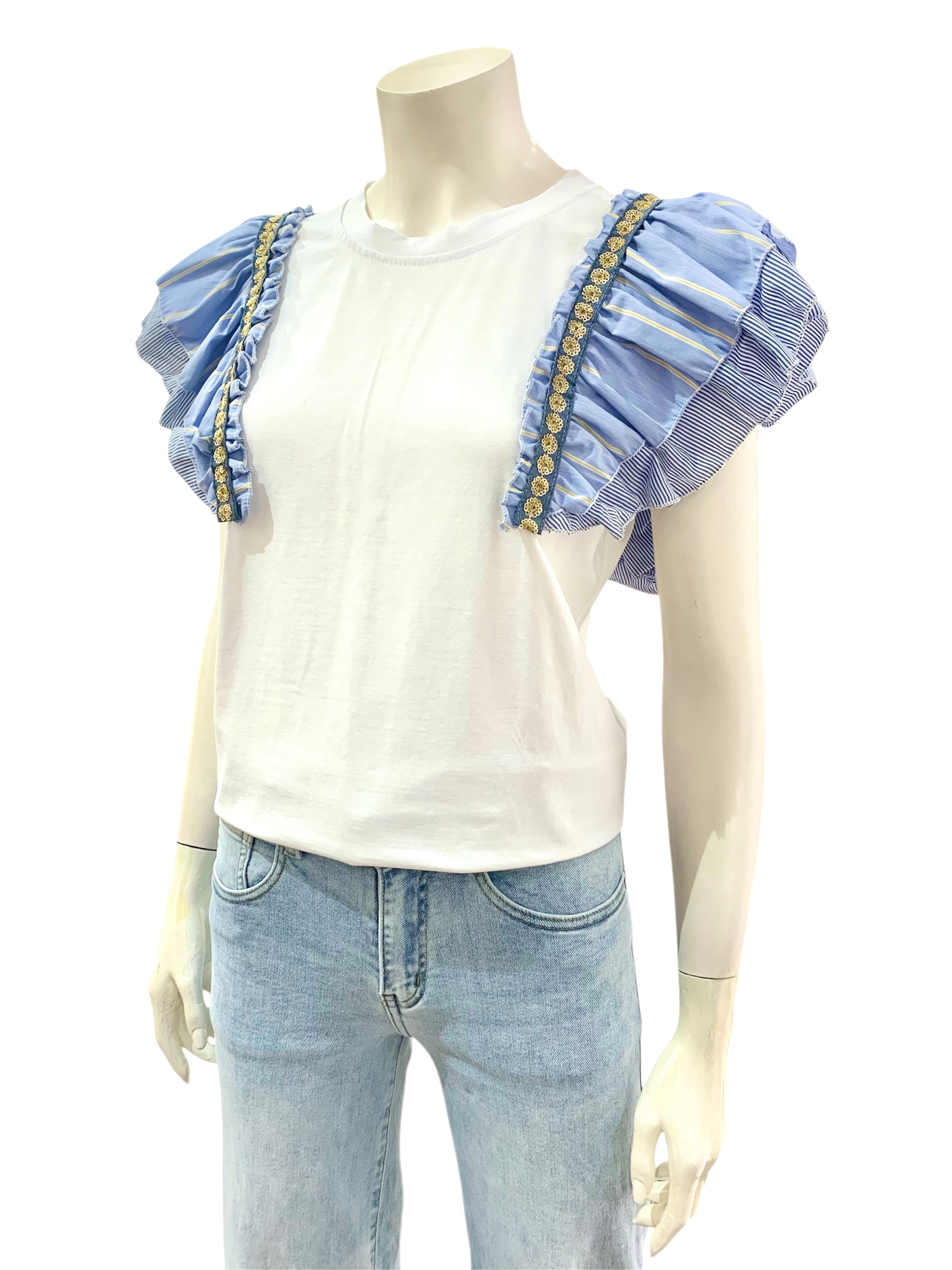 T-SHIRT PAILLETTES BIANCO CELESTE