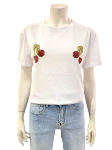 T-SHIRT CILIEGIE STRASS BIANCA