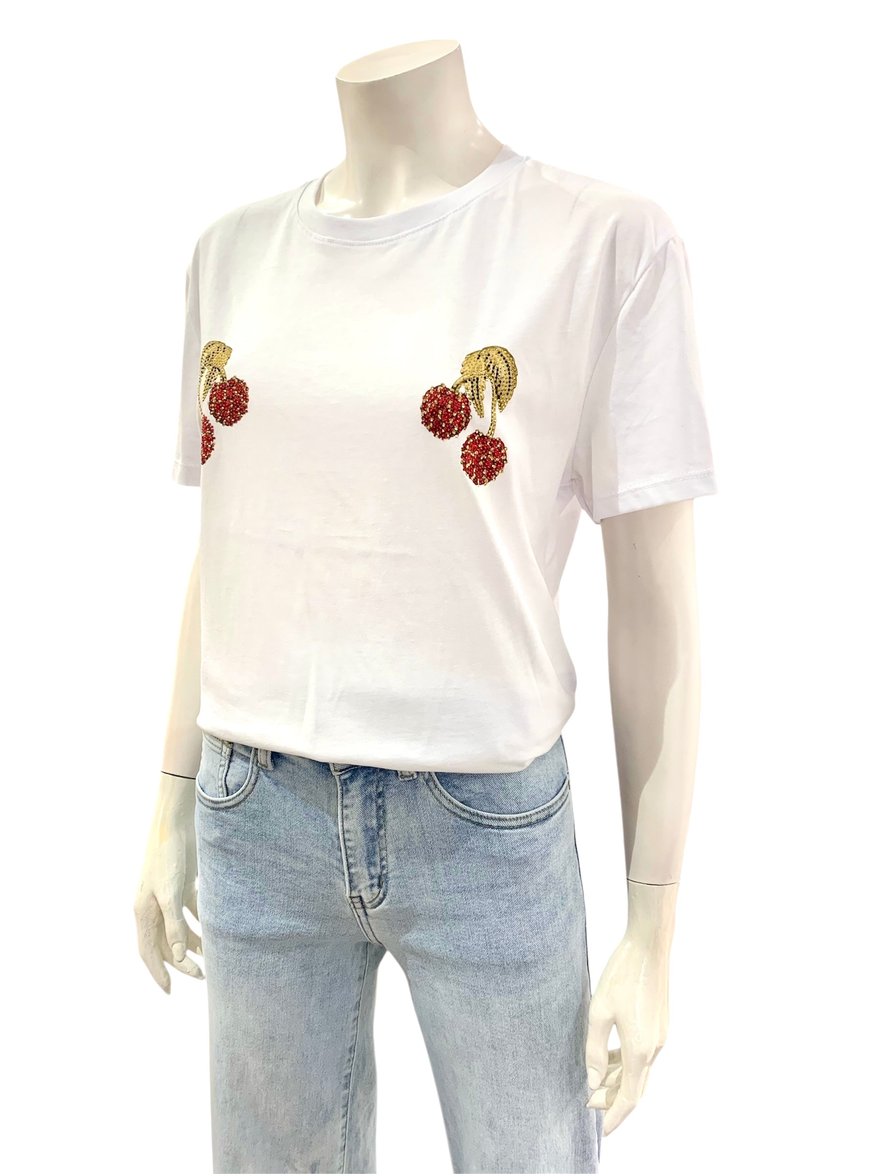 T-SHIRT CILIEGIE STRASS BIANCA