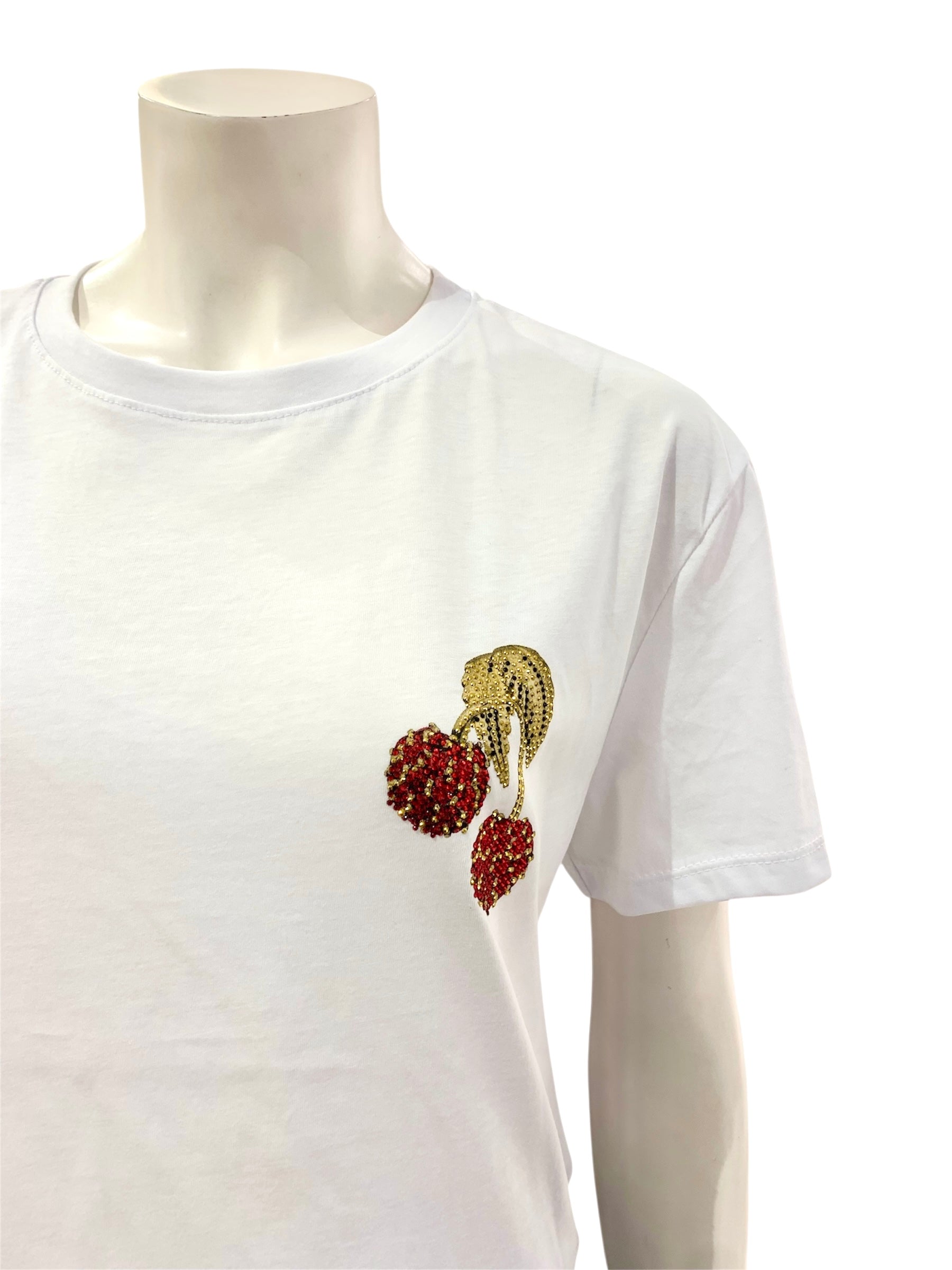 T-SHIRT CILIEGIE STRASS BIANCA